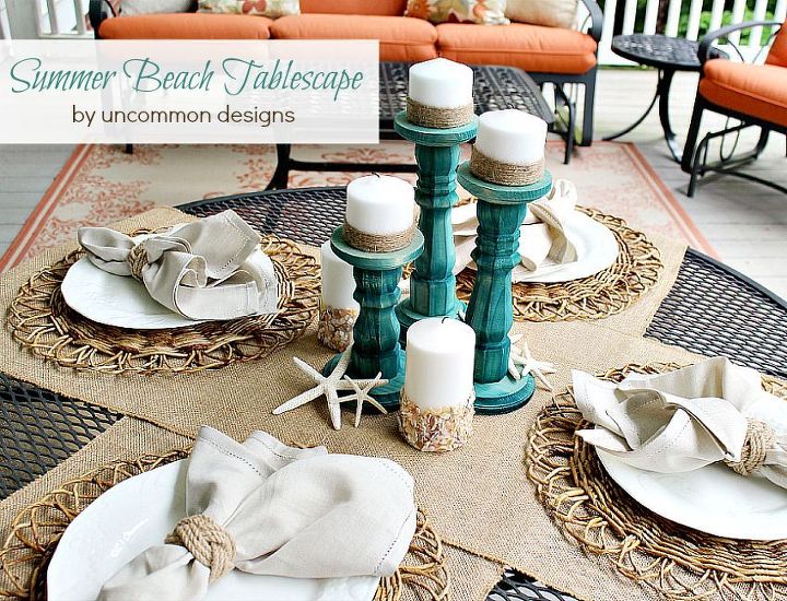 creating a summer beach tablescpae, crafts, seasonal holiday decor, Love the pop of washed tuquoise candlesticks against the burlap accents
