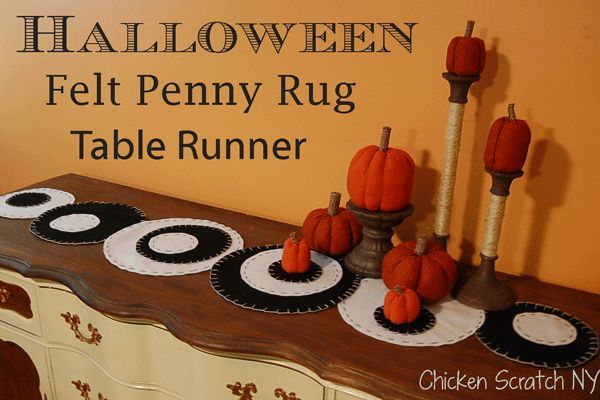 modern penny rug table runner, crafts, halloween decorations, seasonal holiday decor