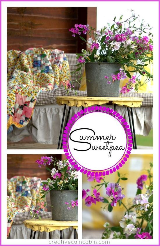 rustic log home porch decor using sweet pea wildflowers, decks, home decor, porches, Porch swing with an old quilt gingham and buffalo fabric Hair pin leg table painted in cornbread yellow Galvanized sap bucket filled with wild SweetPeas