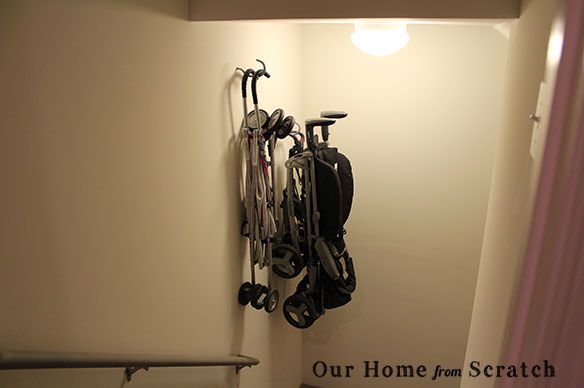 simple stroller storage solution, basement ideas, cleaning tips, diy, storage ideas, The hooks I used were strong enough for my heaviest baby stroller