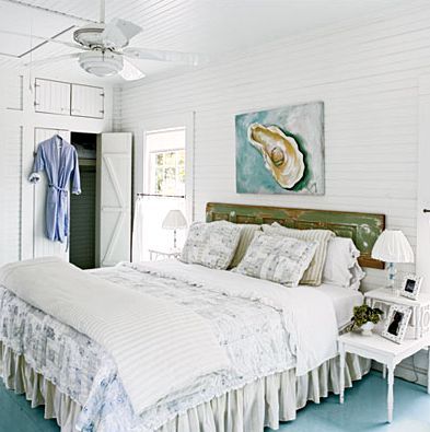 how to use old doors for coastal decorating, bedroom ideas, home decor, repurposing upcycling, Old door used as a headboard Weathered beach cottage charm