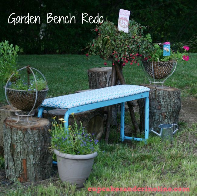 garden bench trash to treasure, outdoor furniture, painted furniture, out with the tree trunks