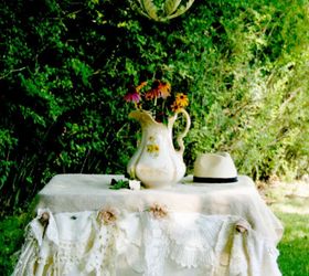 vintage linen and burlap tablecloth with a secret, crafts, repurposing upcycling, Burlap tablecloth with vintage linens laces and buttons