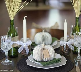 romantic rustic fall tablescape, mason jars, repurposing upcycling, seasonal holiday d cor, Wine bottles with burlap and lace details Filled with wheat accents Mason jars filled with baby pine cones and a tapered candle