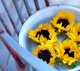 sunflowers enamelware, gardening, Enamelware dish pan filled with sunflower heads