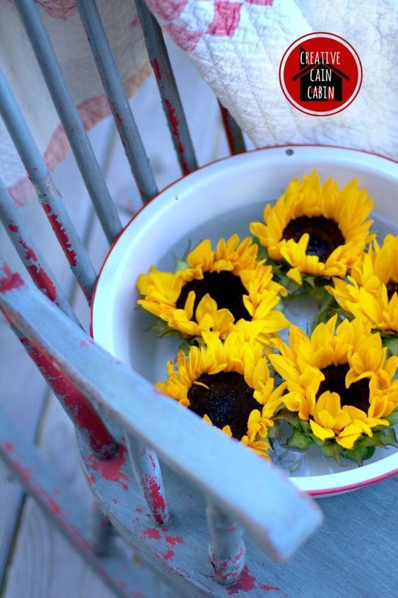 sunflowers enamelware, gardening, Enamelware dish pan filled with sunflower heads