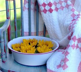 sunflowers enamelware, gardening, Old rocking chair with a vintage quilt and sunflower display