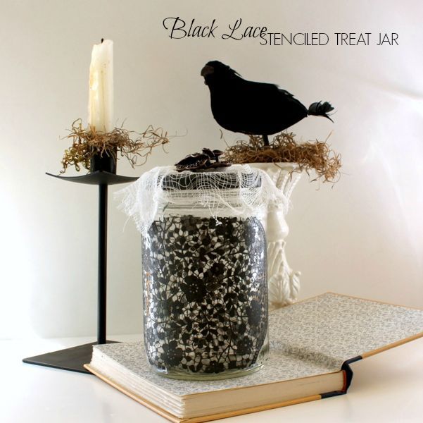 black lace stenciled treat jar for halloween, crafts, halloween decorations, seasonal holiday decor, Black lace can be eerie or elegant