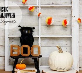 rustic halloween vignette, crafts, halloween decorations, repurposing upcycling, seasonal holiday decor, Pumpkins Old Books Vintage Wooden letters and a black owl seemed to be the perfect pairing for this Halloween Vignette