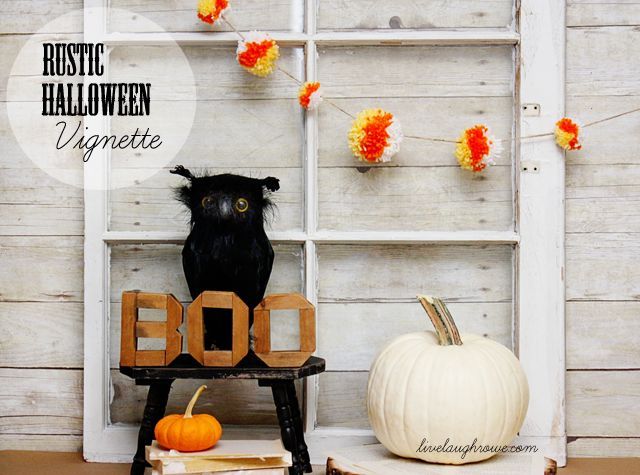 rustic halloween vignette, crafts, halloween decorations, repurposing upcycling, seasonal holiday decor, Pumpkins Old Books Vintage Wooden letters and a black owl seemed to be the perfect pairing for this Halloween Vignette