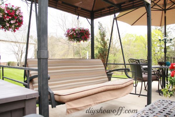 how to add curtains to an outdoor covered patio swing, outdoor living, reupholster, window treatments, Patio Swing Before