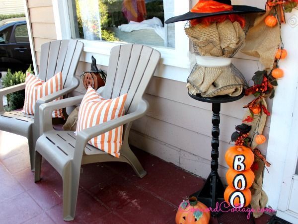 fall front porch diy garland pumpkin topiaries, curb appeal, seasonal holiday decor