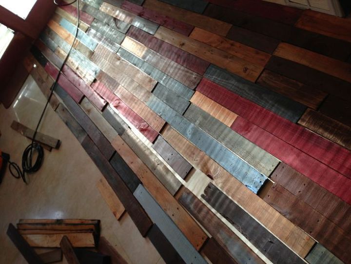 pallet wall reclaimed wood, We laid them out in a random pattern that made sense as I had read on the internet But to be honest that went pretty quickly by the wayside due to room constraints