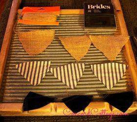 diy laundry room vintage washboard art vintagedecor, chalkboard paint, crafts, repurposing upcycling, wreaths, Cut your fabric into triangles and glue together Lay out your twine and glue on