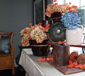 challenge fall dining room display using only what i already had, crafts, repurposing upcycling, seasonal holiday decor, console table close up