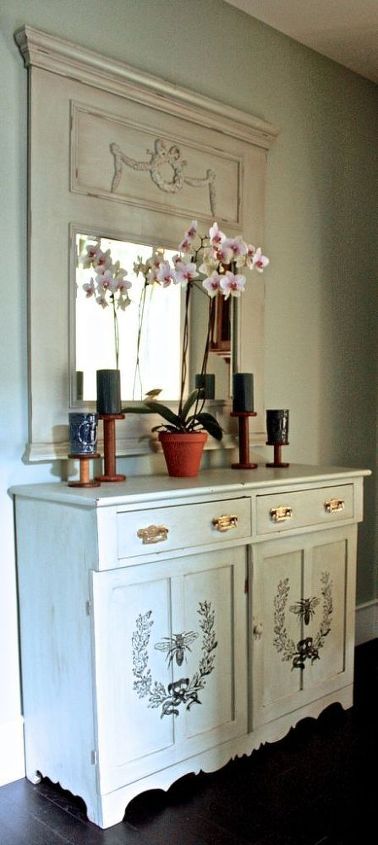 diy painted french bee server from a mismatched buffet, chalk paint, painted furniture, Finished server married to our mirror