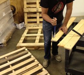 repurposed pallet into a do it yourself bench, diy, outdoor furniture, painted furniture, pallet, repurposing upcycling, 1 Breakdown all the pallets into individual boards Repurposed Pallet into a Do It Yourself Bench