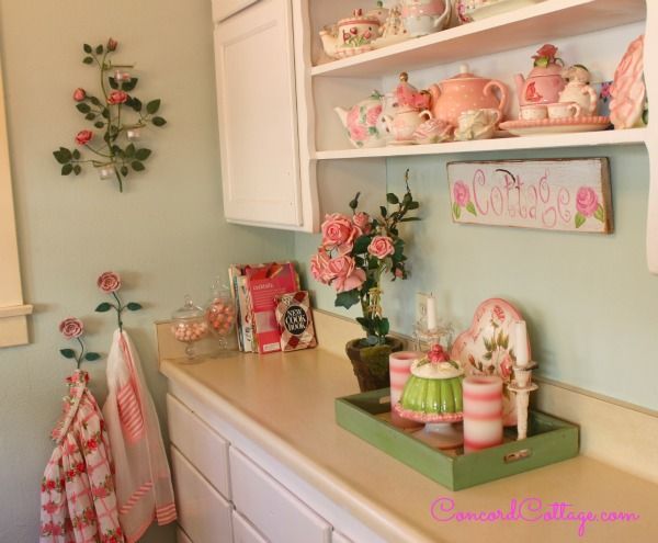 here s our 92 year old kitchen on a budget, home decor, kitchen design, Love to find teapots and tea sets and anything pink roses