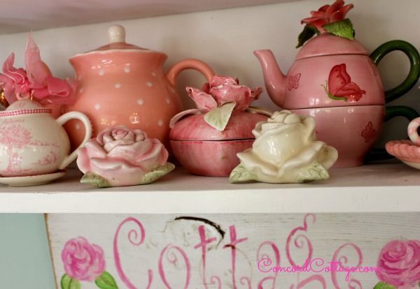 here s our 92 year old kitchen on a budget, home decor, kitchen design, Pink Roses Salt n Pepper Shakers and more teapots