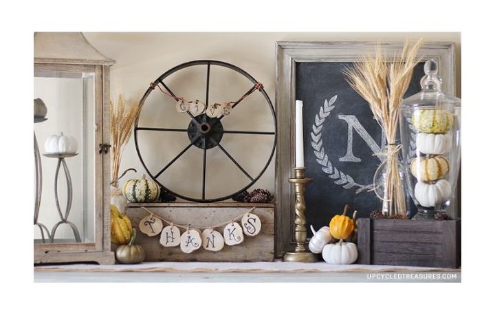 rustic thanksgiving vignette, seasonal holiday d cor, thanksgiving decorations, Aside from the dried wheat the tiger pumpkins and squash everything else I used we had on hand I first used our monogram on the chalkboard