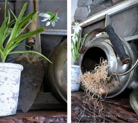 a spring fireplace mantel that never wilts, fireplaces mantels, flowers, home decor, An outdoor theme with a kettle as a bird s nest carried on the spring story It s really just about using things that you love to look at