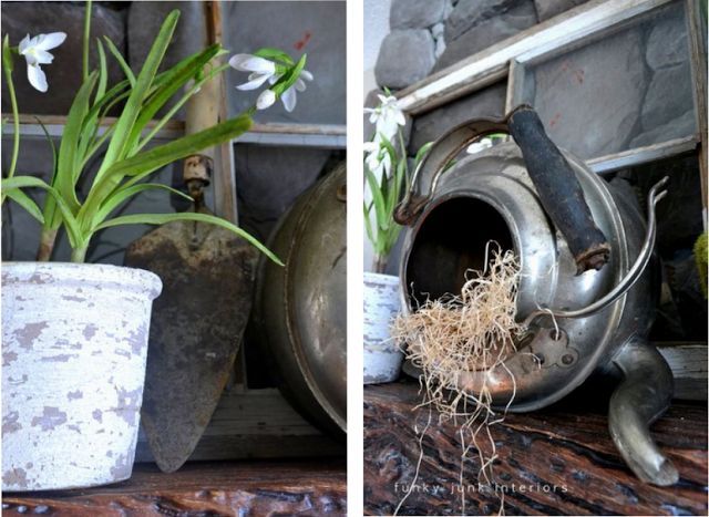 a spring fireplace mantel that never wilts, fireplaces mantels, flowers, home decor, An outdoor theme with a kettle as a bird s nest carried on the spring story It s really just about using things that you love to look at