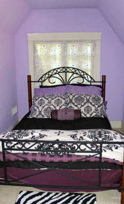 teen fun purple black and zebra bedroom easyupdate, bedroom ideas, home decor, painted furniture, Bedding we found at thrift stores and mixed and matched