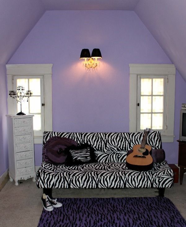 teen fun purple black and zebra bedroom easyupdate, bedroom ideas, home decor, painted furniture, Great Zebra Futon we found at Living Spaces