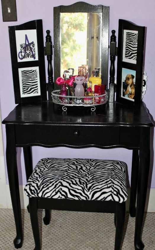 teen fun purple black and zebra bedroom easyupdate, bedroom ideas, home decor, painted furniture, 10 Vanity After