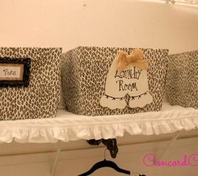 laundry room makeover, home decor, laundry rooms, I covered plastic totes from Walmart w animal print fabric
