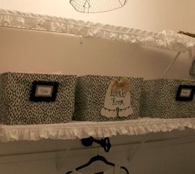 laundry room makeover, home decor, laundry rooms, Cover wire shelves with ruffles