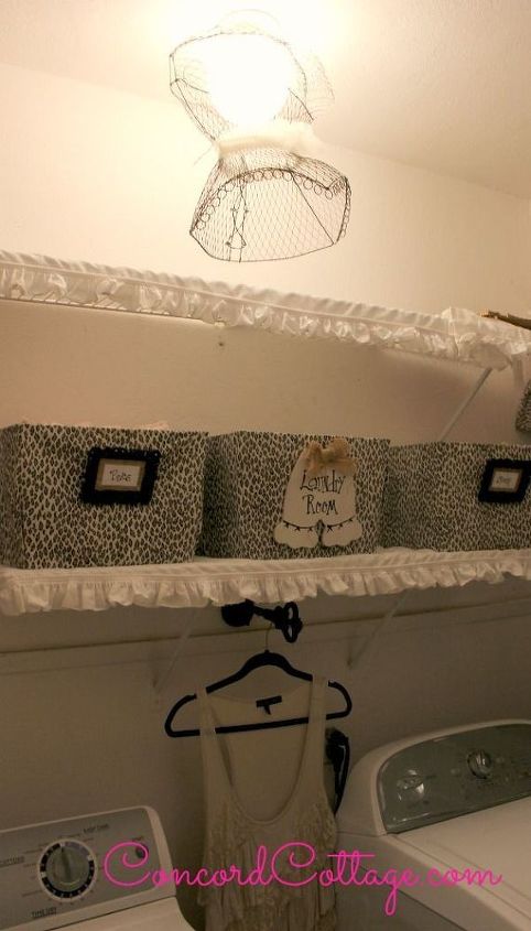 laundry room makeover, home decor, laundry rooms, Cover wire shelves with ruffles