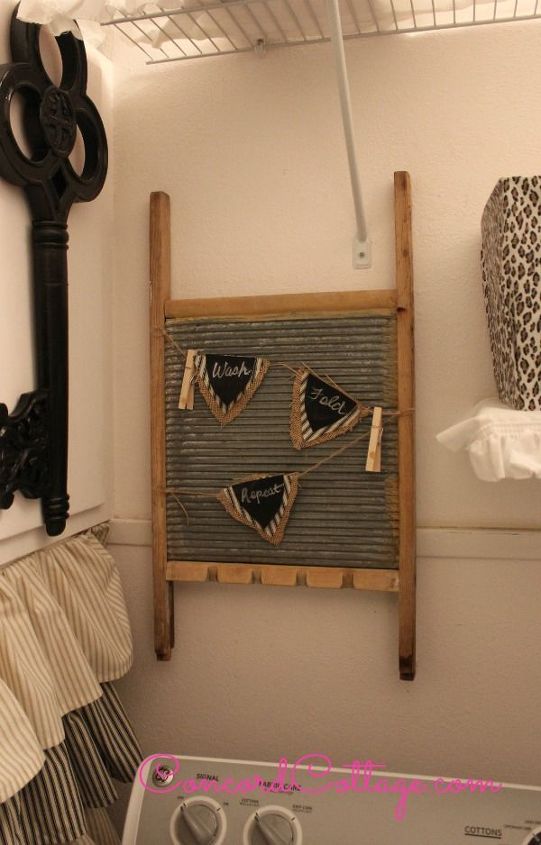 laundry room makeover, home decor, laundry rooms, I Made this vintage washboard art from a washboard found at a yard sale for 1 and the flags say Wash Fold Repeat