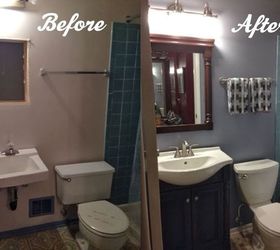 diy bathroom renovation, bathroom ideas, painting, remodeling, This is a Before and After of the bathroom renovation We gutted and painted the room then installed a new toilet sink vanity light fixture faucet toilet paper holder and towel rack and ceramic tile floors