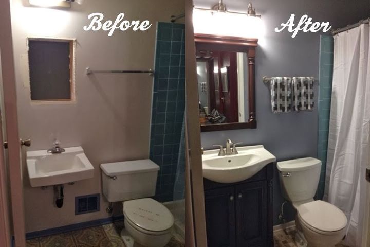 diy bathroom renovation, bathroom ideas, painting, remodeling, This is a Before and After of the bathroom renovation We gutted and painted the room then installed a new toilet sink vanity light fixture faucet toilet paper holder and towel rack and ceramic tile floors
