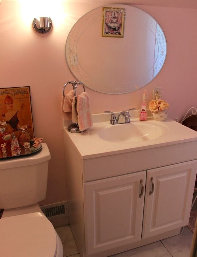 our updated pink powder room, bathroom ideas, paint colors, painting, wall decor, The after Pink and White and nice and bright
