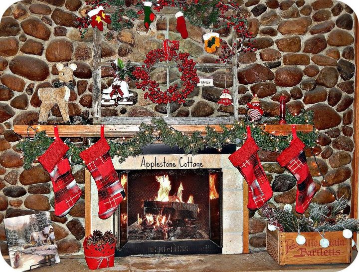 rustic christmas mantle from an old window, christmas decorations, repurposing upcycling, seasonal holiday decor, wreaths, Fire lit warm and toasty The old box was a yard sale find for 2