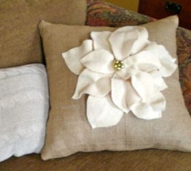 pottery barn knock off poinsettia pillow, crafts, seasonal holiday decor, The burlap and wool textures are perfect together The whole project took about an hour
