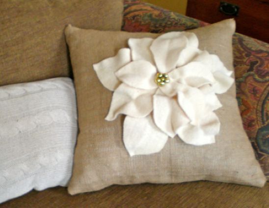 pottery barn knock off poinsettia pillow, crafts, seasonal holiday decor, The burlap and wool textures are perfect together The whole project took about an hour
