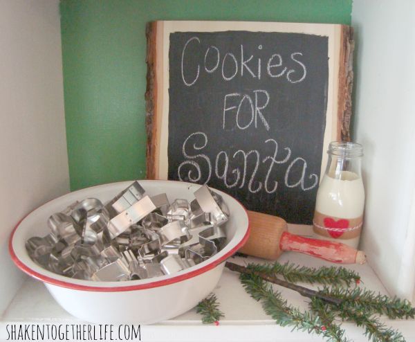 a mini holiday home tour, christmas decorations, seasonal holiday decor, Enamel bowl with cookie cutters vintage rolling pin and rustic chalkboard