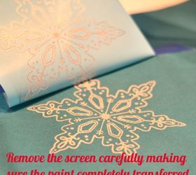 snowflake pillow, crafts, Remove the stencil slowly to make sure you transferred all the paint