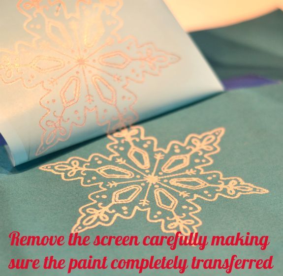 snowflake pillow, crafts, Remove the stencil slowly to make sure you transferred all the paint