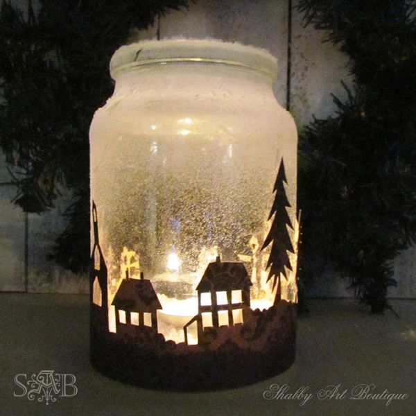 christmas township candle jar, christmas decorations, seasonal holiday decor, Spray top of jar with Santa snow and fill with Epsom Salts and a candle