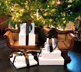 looking for holiday decor inspiration how about peacock feathers, seasonal holiday decor, Wrapped up gifts sitting on my miniature settee under the tree made a pleasing and inviting vignette