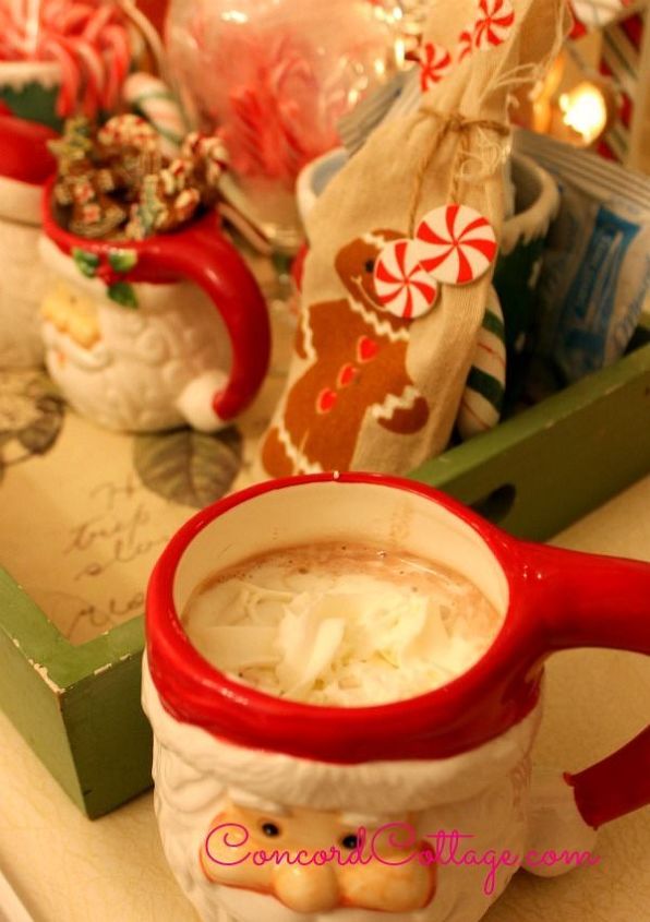 hot cocoa station, christmas decorations, seasonal holiday decor