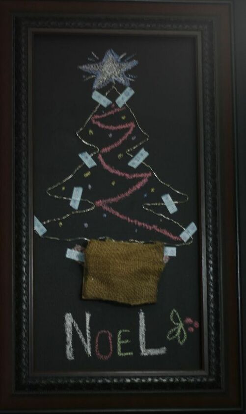 how to add a light up tree to almost any wall, christmas decorations, seasonal holiday decor, I added some chalk decor garland and ornaments and tucked the battery packs into a small burlap sack