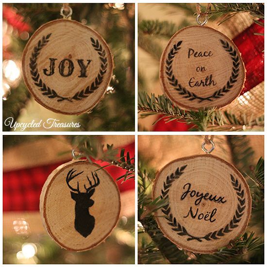 our cabin inspired christmas tree, seasonal holiday d cor, These DIY wood slice ornaments were super easy to make and are my favorite I used my printer to transfer the graphics onto the slices and hung them up using eye hooks twine and ribbon