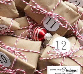 brown paper packages advent, repurposing upcycling, seasonal holiday decor, Small toy stickers and candy wrapped up in simple brown paper and tied with string