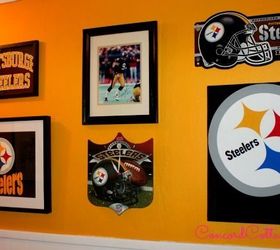pittsburgh steelers football themed tv mancave, basement ideas, seasonal holiday decor, Our Gallery Wall we made with 3 T shirts and frames we found at thrift stores and yard sales