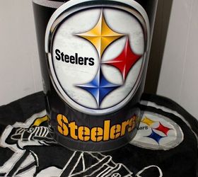 pittsburgh steelers football themed tv mancave, basement ideas, seasonal holiday decor, We put our lamps inside these trash cans my hubby had